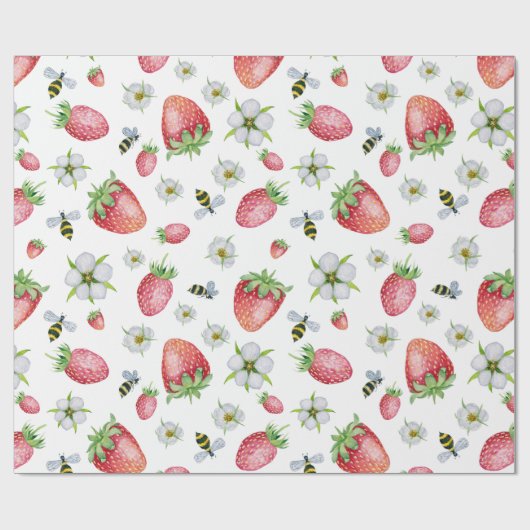 Waterverf Aardbeien Fruit, Bijen en Bloemen Cadeaupapier (Vlak)