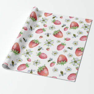 Waterverf Aardbeien Fruit, Bijen en Bloemen Cadeaupapier