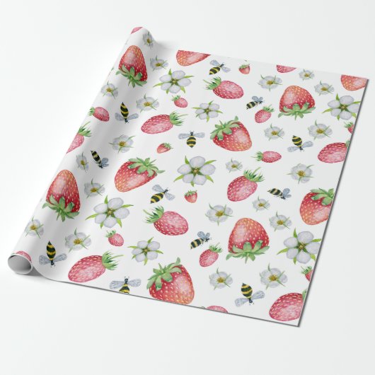 Waterverf Aardbeien Fruit, Bijen en Bloemen Cadeaupapier (Uitgerold)