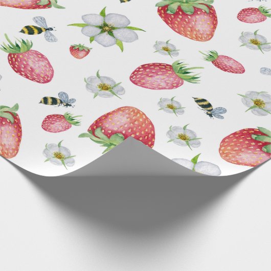 Waterverf Aardbeien Fruit, Bijen en Bloemen Cadeaupapier (Hoek)