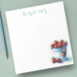 Waterverf Aardbeien Gepersonaliseerd briefpapier Notitieblok<br><div class="desc">Schattige en charmant,  deze gepersonaliseerde briefpapier is voorzien van uw familienaam of monogram in blauw groen geletterde script typografie met een waterverf geschilderde tinnen pint van aardbeien. Perfect voor uw lente- en zomernotities met een boerderijthema. Om meer kantoor home levende design en aardbeien geschenken zoals dit bezoek www.zazzle.com/dotellabelle</div>