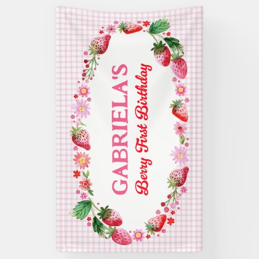 Waterverf Aardbeien Meisjes Berry 1e Verjaardag Spandoek (Verticaal)