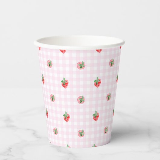Waterverf aardbeien op een roze gingham papieren bekers (Voorkant)