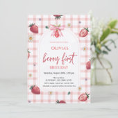 Waterverf Aardbeien Rood Plaid 1e Verjaardag Kaart (Staand voorkant)