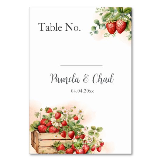 Waterverf Aardbeien Trouwtafel Nummer Kaart (Voorkant)