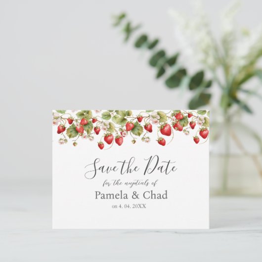 Waterverf Aardbeien Wedding Save the Date Briefkaart (Staand voorkant)