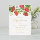 Waterverf aardbeien ZomerBaby shower Folie Uitnodiging (Staand Voorkant)