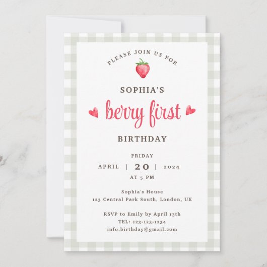 Waterverf aardbeienbes Eerste Verjaardag Kaart (Voorkant)