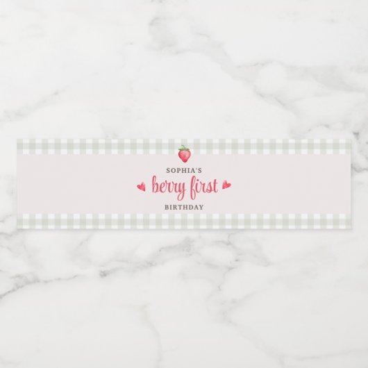 Waterverf aardbeienbes Eerste Verjaardag Waterfles Etiket (Enkel label)