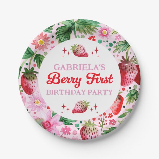Waterverf aardbeienbessen 1e verjaardag meisjes papieren bordje (Voorkant)