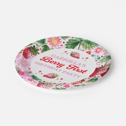 Waterverf aardbeienbessen 1e verjaardag meisjes papieren bordje (Gekanteld)