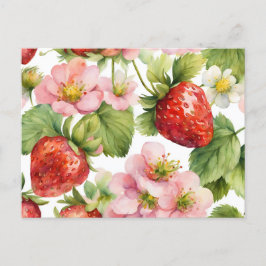Waterverf Aardbeienfruit en roze bloemen Briefkaart