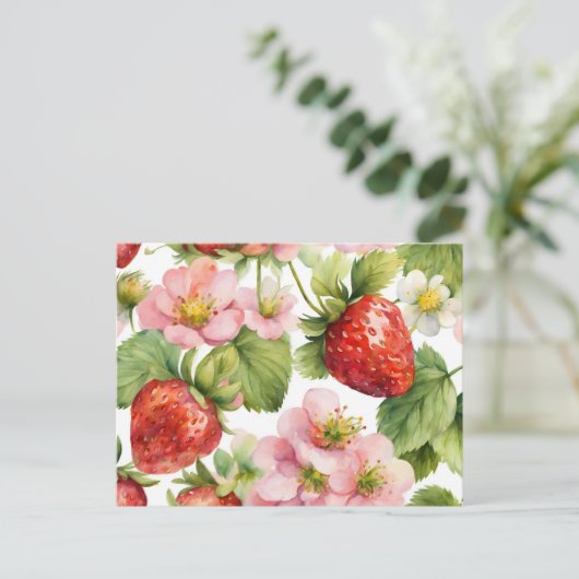 Waterverf Aardbeienfruit en roze bloemen Briefkaart (Staand voorkant)