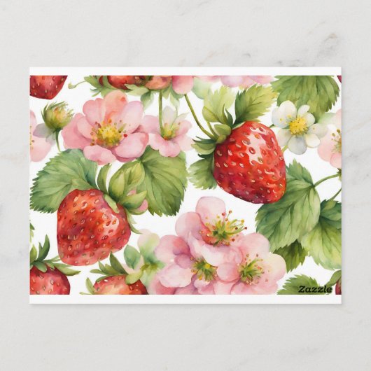 Waterverf Aardbeienfruit en roze bloemen Briefkaart (Achterkant)