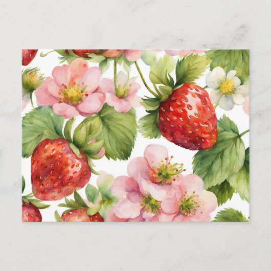 Waterverf Aardbeienfruit en roze bloemen Briefkaart (Voorkant)