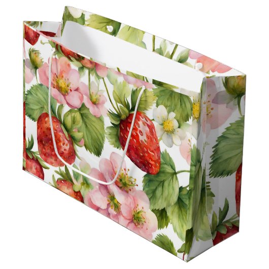 Waterverf Aardbeienfruit en roze bloemen Groot Cadeauzakje (Voorkant Gekanteld)