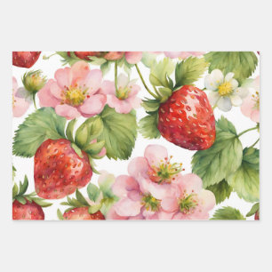 Waterverf Aardbeienfruit en roze bloemen Inpakpapier Vel