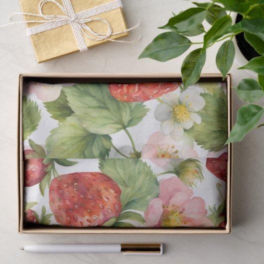 Waterverf Aardbeienfruit en roze bloemen Tissuepapier (Geschenk)