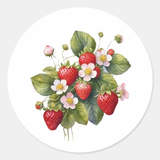Waterverf Aardbeienfruit met bloemen Ronde Sticker (Voorkant)