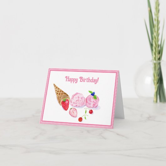Waterverf Aardbeienijs Kersen Verjaardag Kaart (Voorkant)