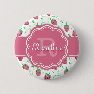 Waterverf aardbeienpatroon met monogram ronde button 5,7 cm