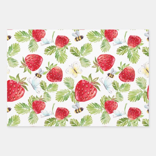 Waterverf Aardbeienvruchten, bijen en botervliegen Inpakpapier Vel (Voorkant)