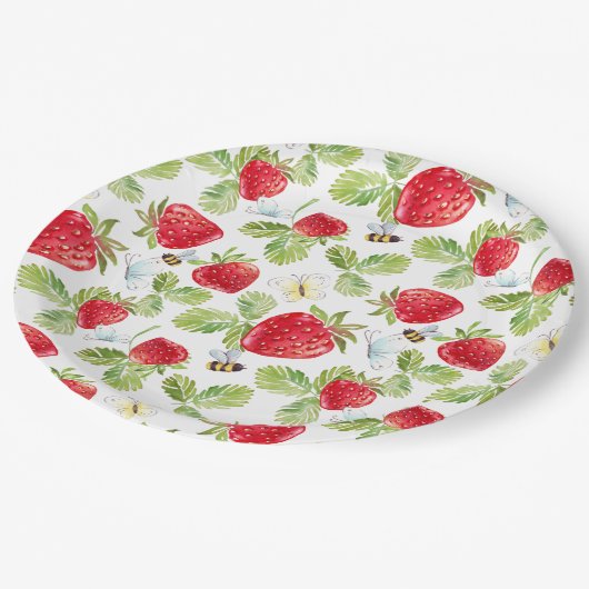Waterverf Aardbeienvruchten, bijen en botervliegen Papieren Bordje (Gekanteld)