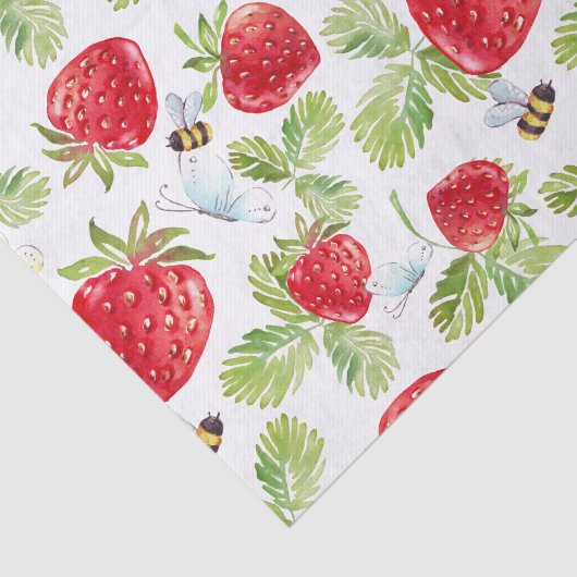 Waterverf Aardbeienvruchten, bijen en botervliegen Tissuepapier (Detail)