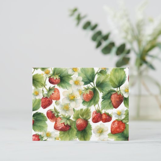 Waterverf aardbeienvruchten en aardbeienbloemen briefkaart (Staand voorkant)