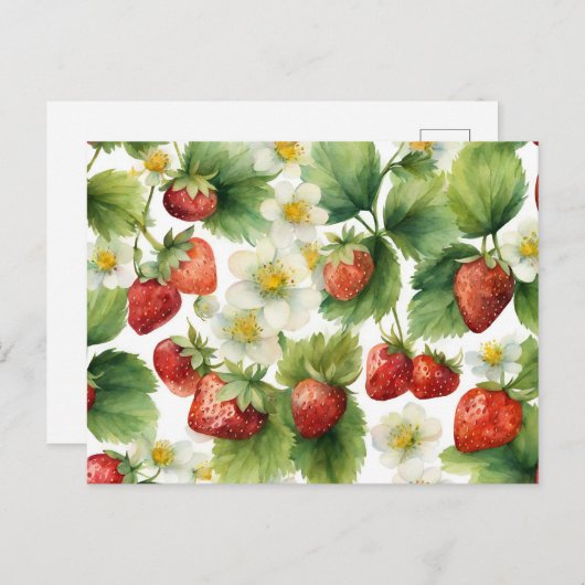 Waterverf aardbeienvruchten en aardbeienbloemen briefkaart (Voorkant / Achterkant)