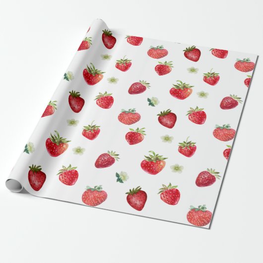 Waterverf aardbeienvruchten en aardbeienbloemen cadeaupapier (Uitgerold)