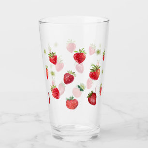 Waterverf aardbeienvruchten en aardbeienbloemen glas
