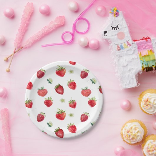 Waterverf aardbeienvruchten en aardbeienbloemen papieren bordje (Feest)