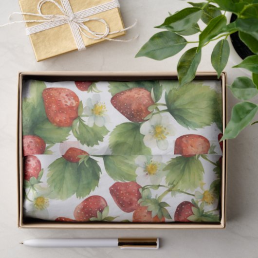 Waterverf aardbeienvruchten en aardbeienbloemen tissuepapier (Geschenk)