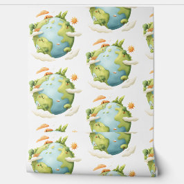 Waterverf Aarde - Cartoon Aarde met Natuur Elemen Behang