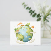 Waterverf Aarde - Cartoon Aarde met Natuur Elemen Briefkaart (Staand voorkant)