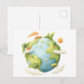 Waterverf Aarde - Cartoon Aarde met Natuur Elemen Briefkaart (Voorkant / Achterkant)