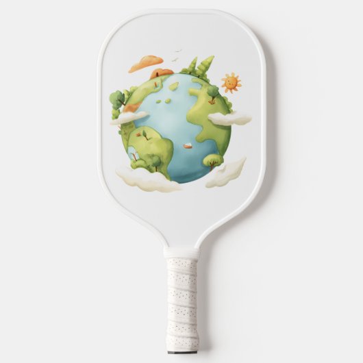 Waterverf Aarde - Cartoon Aarde met Natuur Elemen Pickleball Paddle (Voorkant)
