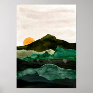 Waterverf abstract berglandschap. Sunset art Poster