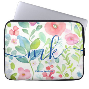 Waterverf Abstract Berries Ferns Flowers Monogram Laptop Sleeve