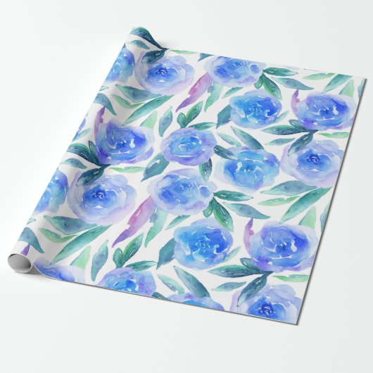 Waterverf abstract blauw tuinpatroon cadeaupapier (Uitgerold)