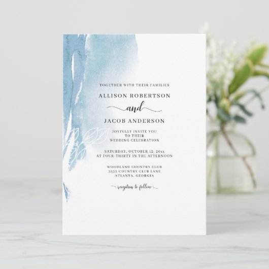 Waterverf Abstract Blauw Wit Floral Weddenschap Ch Kaart (Staand voorkant)