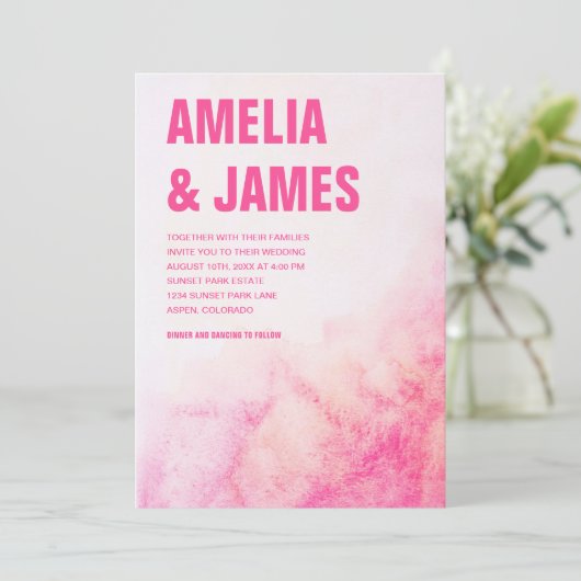 Waterverf Abstract Blush Roze Vette Bruiloft Kaart (Staand voorkant)