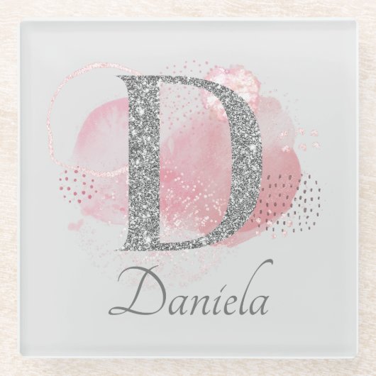 Waterverf Abstract en Glitter Letter D Glazen Onderzetter (Voorkant)