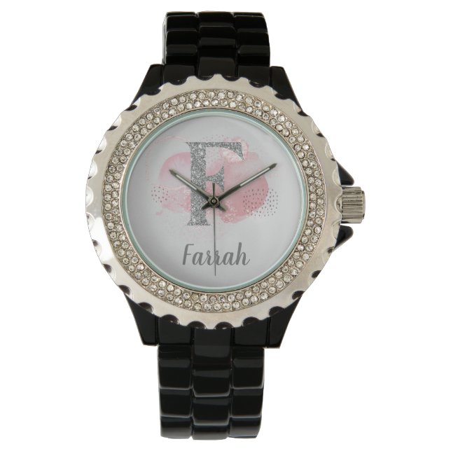 Waterverf Abstract en Glitter Letter F Horloge (Voorkant)