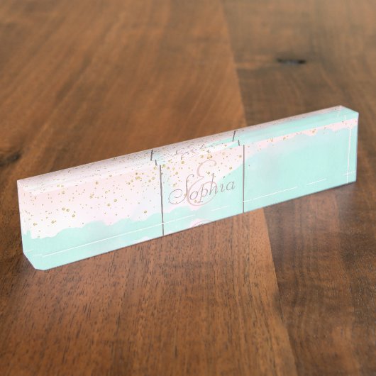 Waterverf abstract en gouden confetti design naambordje (Zijkant)