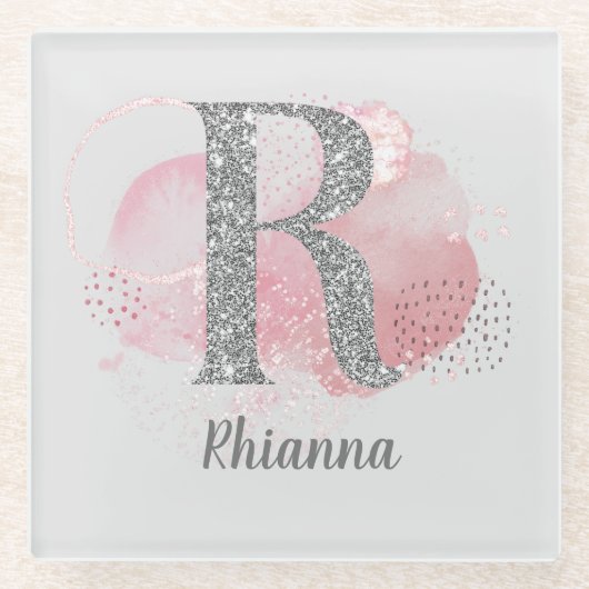 Waterverf Abstract en zilver Glitter Letter R Glazen Onderzetter (Voorkant)