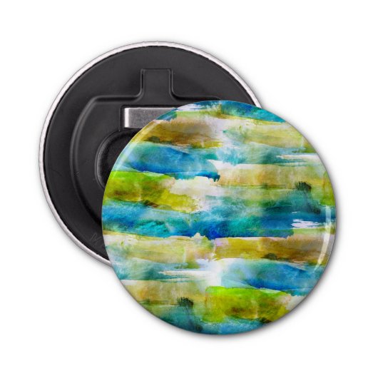 Waterverf abstract groen, blauw button flesopener (Voorkant)