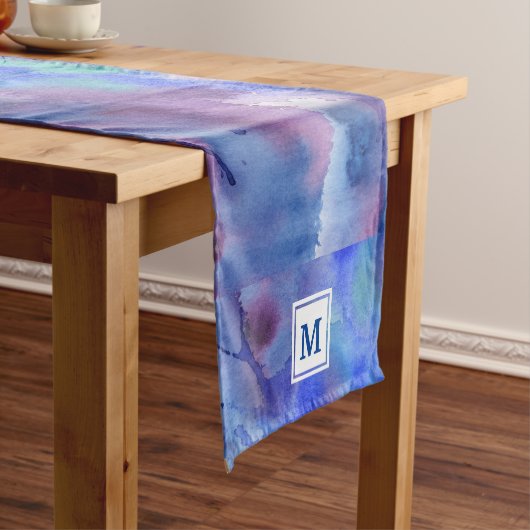 Waterverf Abstract handgeschilderd blauw Paars Bla Korte Tafelloper (Voorbeeld)