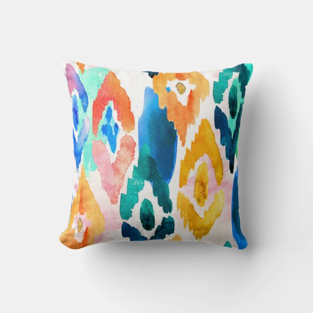 Waterverf Abstract Ikat Pattern Oranje Groen Blauw Kussen (Voorkant)